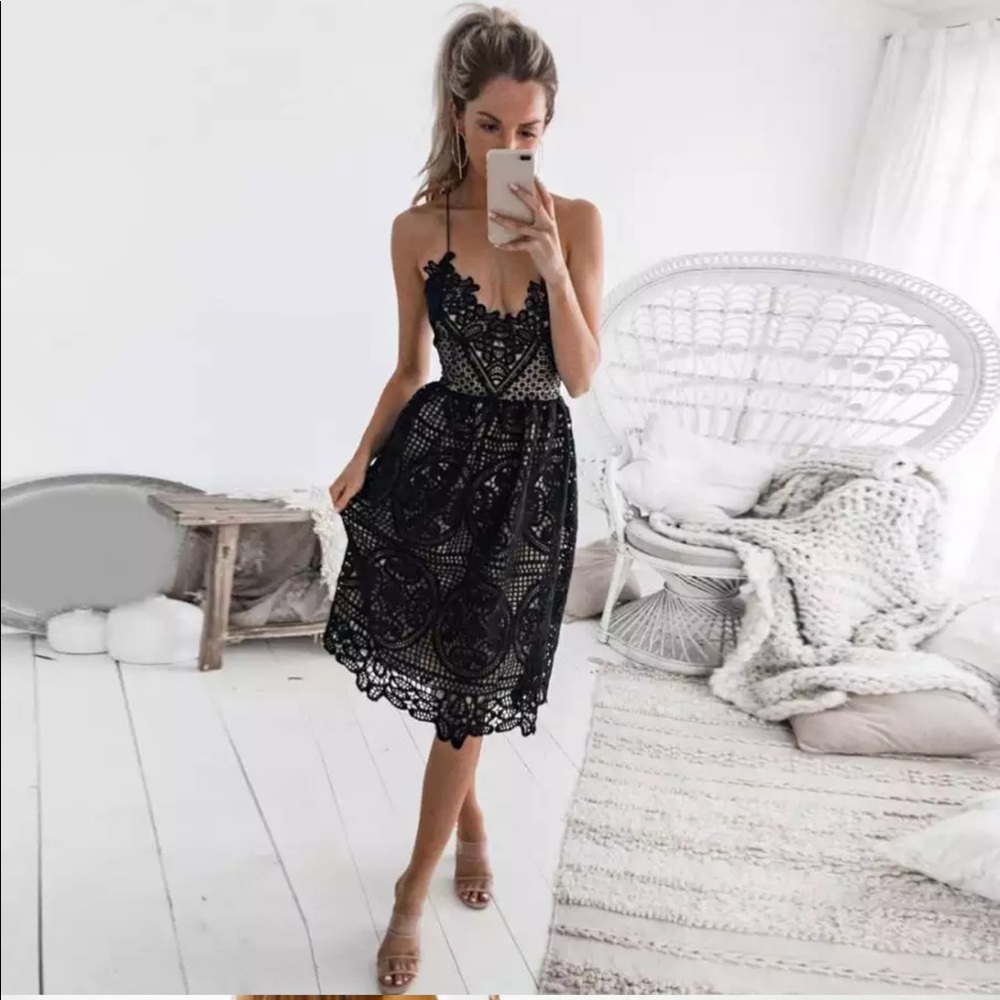 1 Left! Black Crochet Lace Strappy Dress - Picture 2 of 8